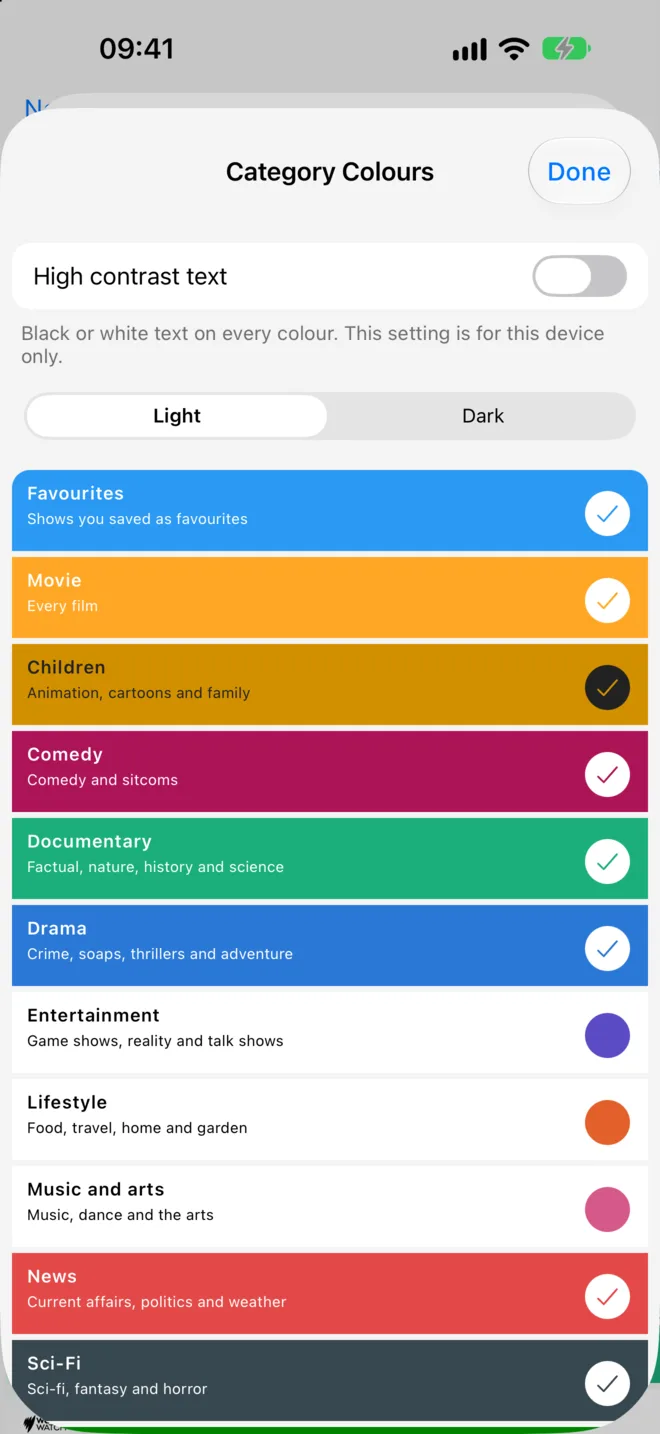 The Category Colours screen, with Favourites, Movie, Children, Comedy, Documentary, Drama, News and Sci-Fi turned on