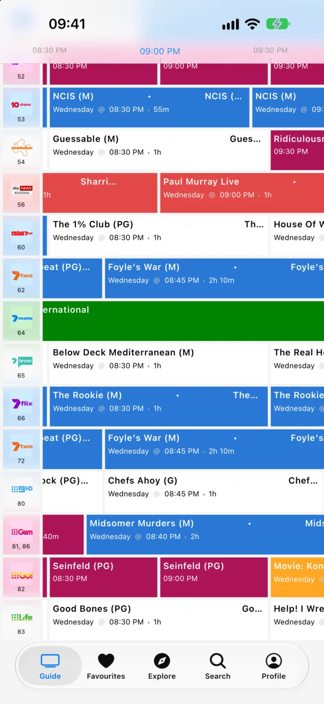 The grid guide on a Wednesday evening, with NCIS, The Rookie, Seinfeld, Midsomer Murders and Kong: Skull Island coloured by category