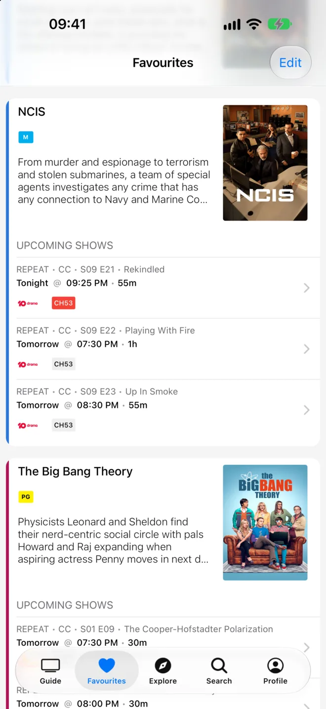 Favourites with a colour edge on each row: NCIS in the Drama colour and The Big Bang Theory in the Comedy colour
